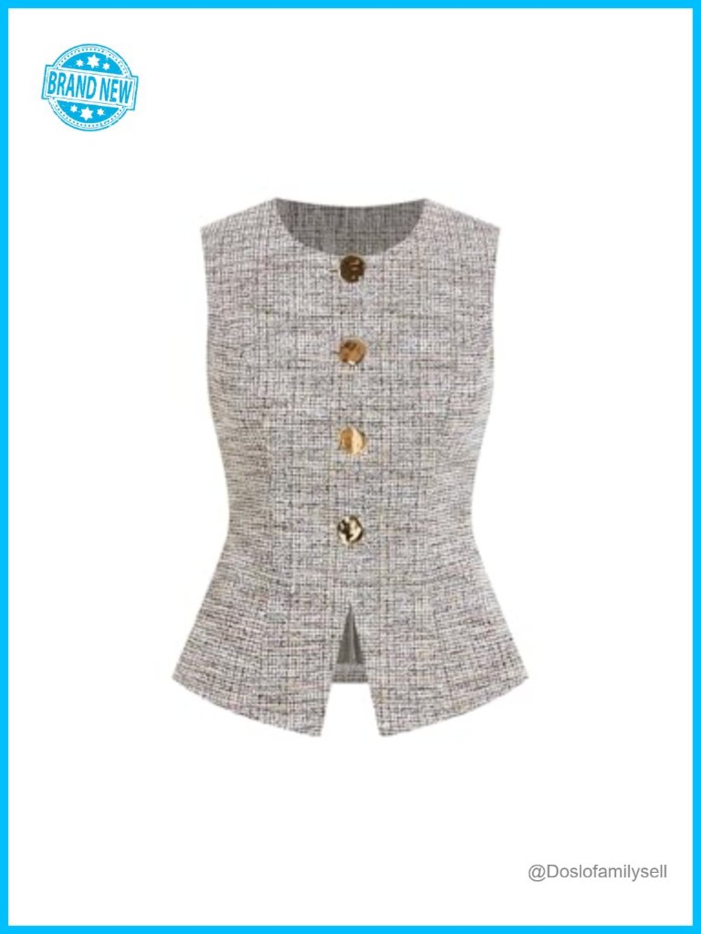 Tweed Blazer Vest Sleeveless Square Neck Button Business Casual